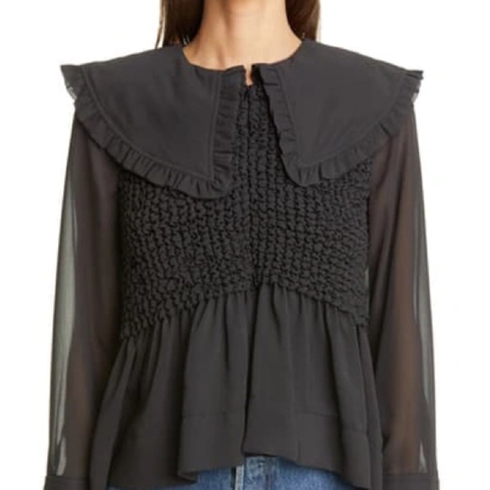 Ganni Ruffle Collar Smocked Peplum Top